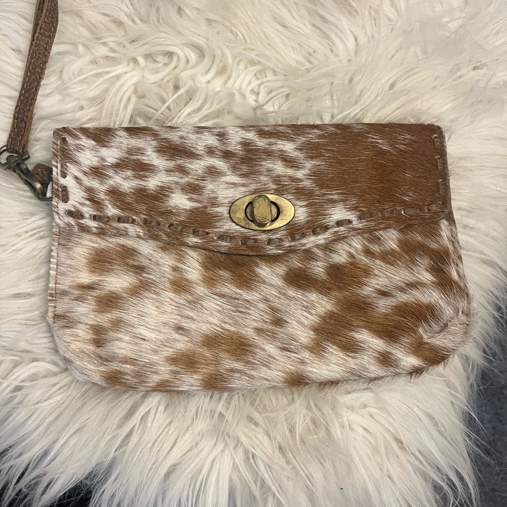 Brown and Cream cowhide Women's Clutch.